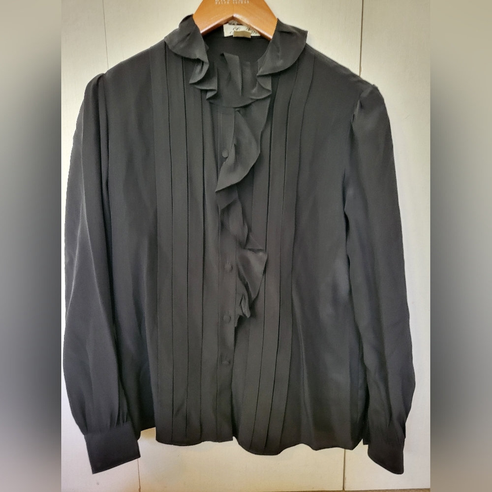 Barbara Black Elegant Ruffled Blouse Sz S